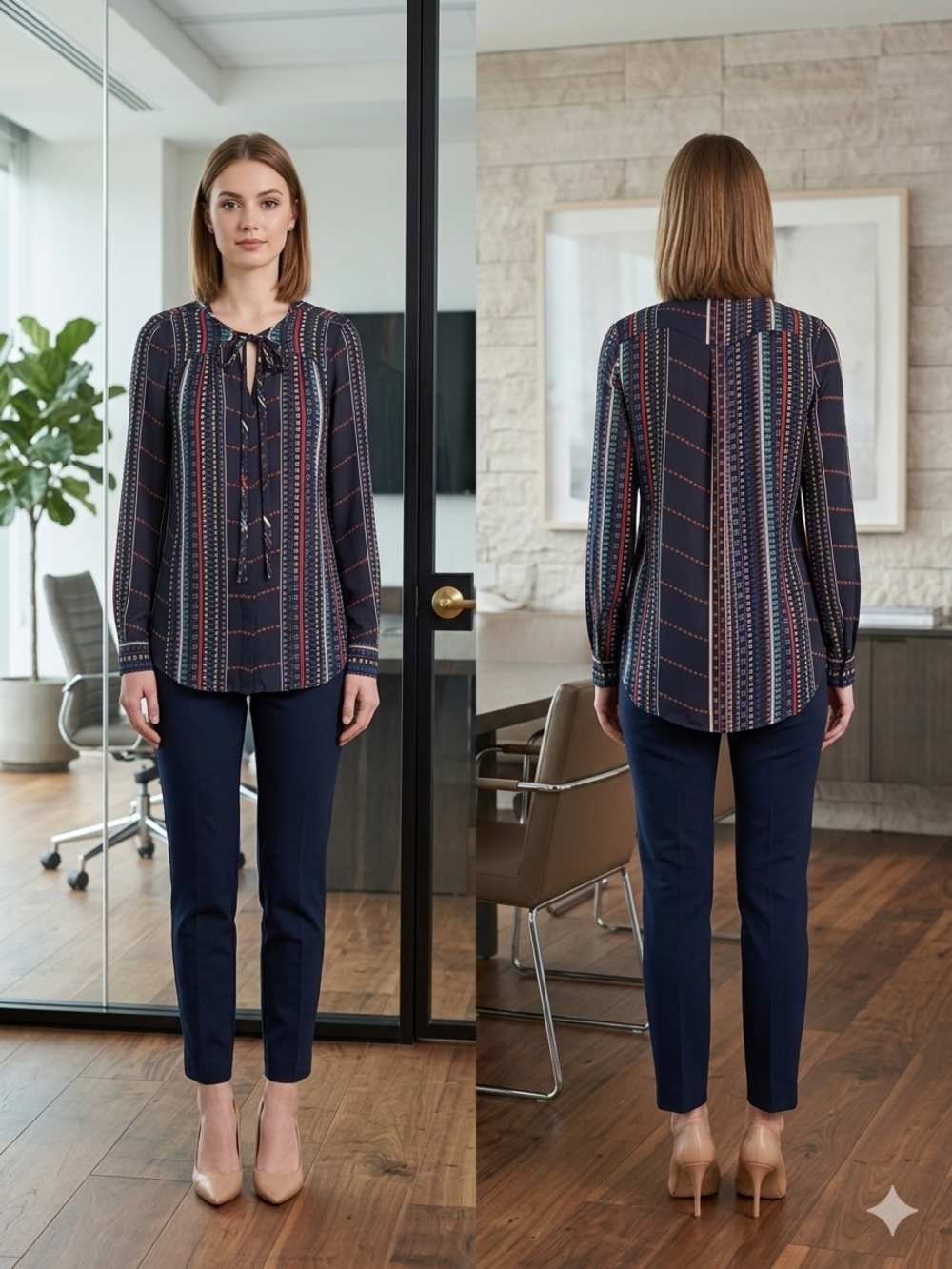 Navy Silk Tie-Neck Patterned Blouse